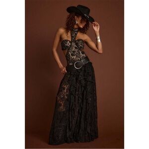 12th Tribe Princesa Black Lace Drop Waist Maxi Dress Size Small